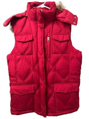 Lands' End Bright Red Quilted Puffer Vest with Faux Fur Trim Hood Size M 10-12